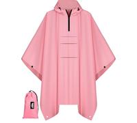 Bruvoalon 3-in-1 Rain Poncho with 1/4 Zip & Chest Pocket, Waterproof, Sunshade, Ground Mat for Adults & Youth Emergency, Pink, One size