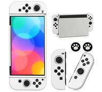Bruximly Switch OLED Case for Nintendo Switch OLED Model, Dockable Cover Soft TPU Protector Case with 2 Pcs Thumb Caps, White