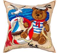 Brvsk Bear The Sailor. Stamped Cross-Stitch Kit w/Printed Tapestry Canvas (40 × 40 cm) - Stamped Cross-Stitch Cushion Kit for Creative Home Décor - Needlework Kit for Adult Beginners