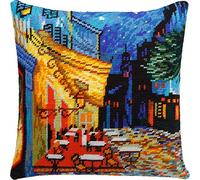 Brvsk Café Terrace at Night. Stamped Cross-Stitch Kit w/Printed Tapestry Canvas (40 × 40 cm) - Stamped Cross-Stitch Cushion Kit for Creative Home Décor - Needlework Kit for Adult Beginners