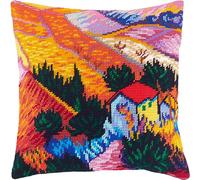 Brvsk Landscape with a House and an Employee by Vincent van Gogh. Stamped Cross-Stitch Kit. Throw Pillow 16×16 Inches. Printed Tapestry Canvas, European Quality