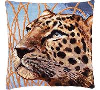 Brvsk Leopard. Stamped Cross-Stitch Kit w/Printed Tapestry Canvas (40 × 40 cm) - Stamped Cross-Stitch Cushion Kit for Creative Home Décor - Needlework Kit for Adult Beginners