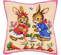 Brvsk Rabbits The Farmers. Needlepoint Kit w/Printed Tapestry Canvas (40 × 40 cm) - Needlepoint Cushion Kit for Creative Home Décor - Needlework Kit for Adult Beginners
