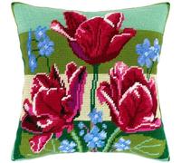 Brvsk Tulips and Forget-Me-Nots. Stamped Cross-Stitch Kit w/Printed Tapestry Canvas (40 × 40 cm) - Stamped Cross-Stitch Cushion Kit for Creative Home Décor - Needlework Kit for Adult Beginners