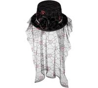 Brxmpn 4pcs Gothic Black Widow Funeral Hat with Skull Print Veil Halloween Bride Bucket Hat for Day of the Dead Hair Accessory