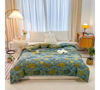 BRYALIX 3 Layers 100% Cotton Blue and Golden Floral Jacquard Quilt, Soft Lightweight Bed Blanket, Reversible Bedspread Coverlet Breathable, Boho Rustic Bedding for Couch Sofa Bed Twin(80"x90")