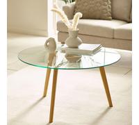 Bryant Coffee Table - 80cm - Round - Clear Glass with Oak Legs