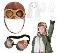 Bryndo 4 Pcs Airline Pilot Costume Set for Kids, Pilot Hat Steampunk Goggles Fancy Dress Set with White Scarf Gloves Kids Aviator Costuem Accessories for Party Dress Up