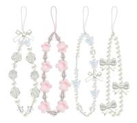 Bryndo 4 Pcs Beaded Phone Charms - Flower, Rose, Butterfly & Bow Phone Bracelet Straps - Handmade Pearl Acrylic Wrist Lanyard for Women Girls Anti-Lost Lanyard(Pink & White)
