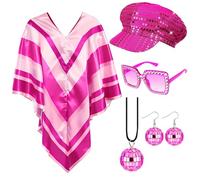 Bryndo 5 Pcs 70s Fancy Dress Set for Women, Disco Costume Accessories with Abba Pop Poncho Sequin Beret Hat Square Bling Sunglasses Earrings Necklace for 70s Theme Party Dress Up (Pink)
