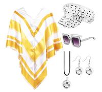 Bryndo 5 Pcs 70s Fancy Dress Set for Women, Disco Costume Accessories with Abba Pop Poncho Sequin Beret Hat Square Bling Sunglasses Earrings Necklace for 70s Theme Party Dress Up (White)