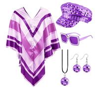 Bryndo 5 Pcs 70s Fancy Dress Set for Women, Disco Costume Accessories with Abba Pop Poncho Sequin Beret Hat Square Bling Sunglasses Earrings Necklace for 70s Theme Party Dress Up (Purple)