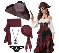 Bryndo 5PCS Pirate Costume Accessories for Adults - Hat Headscarf Sash Belt Eye Patch Anchor Necklace Fancy Dress for Halloween Pirate Role Play Party