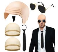 Bryndo 6 Pcs Bald Cap Set for Adult, Bald Head Skull Wig Cap Bald Skin Thick Latex Bald Cover with Sunglasses Tie Beard Fancy Dress Cosplay Hat Costume Accessory for Makeup Party Dress Up