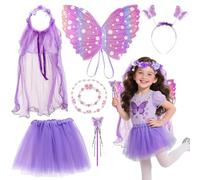 Bryndo 7 Pcs Fairy Costume Set for Girls, Butterfly Wing Fancy Dress Set with Tutu Skirt Magic Wand Flower Headband Kids Fairy Wings Angel Princess Costume for Kids Party Dress Up