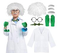 Bryndo 7 Pcs Mad Scientist Costume Set for Kids Doctor Scientist Costume with Lab Coat Lab Wigs Mustaches Eyebrows Glasses Tie Gloves Old Man Fancy Dress for Halloween Cosplay Party Dress Up