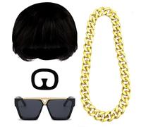 Bryndo Final Boss Costume Set for Adult, Bowl Cut Wig with Goatee Mustache Sunglasses Gold Chain Funny Fancy Dress 90s Meme Ibiza Cosplay Outfit for Halloween Festivals Party Supplies