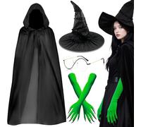 Bryndo Wicked Witch Costume Accessories Set for Women, Witch Fancy Dress with Cape Witches Hat Green Gloves with Claws Wicked Glasses for Halloween Cosplay Dress Up