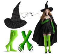 Bryndo Wicked Witch Costume Accessories Set, Witchs Costume Accessories Witch Hat, Green Gloves with Claws, Thigh High Stockings, Wizard Glasses for Halloween Cosplay Dress Up Women