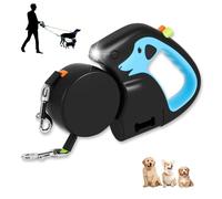 Brynest 3m Double Retractable Dog Lead for 2 Dogs, 360° Tangle-Free Reflective Nylon, Dual Independent Brakes & 1-Button Lock, up to 10kg Each, Rechargeable Light, Poo Bag Dispenser - Light Blue