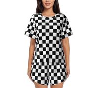 Bryptxztxt Black And White Checkered Women'S Pajamas Short Sleeve Summer Pj Set, Soft Round Neck 2 Piece Loungewear Sleepwear, Button Down Nightwear With Pockets S-4xl