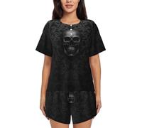 Bryptxztxt Gothic Wallpaper Skull Women'S Pajamas Short Sleeve Summer Pj Set, Soft Round Neck 2 Piece Loungewear Sleepwear, Button Down Nightwear With Pockets S-4xl