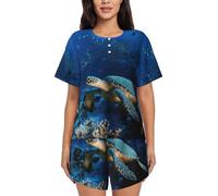 Bryptxztxt Sea Turtle With Fishes Women'S Pajamas Short Sleeve Summer Pj Set, Soft Round Neck 2 Piece Loungewear Sleepwear, Button Down Nightwear With Pockets S-4xl