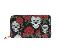 Bryptxztxt Skull and Red Rose Women's Long Wallet - Large Capacity Pu Leather Purse with Card Holder Case Credit Coin Wallets & Zipper, Clutch Purses for Ladies & Girls