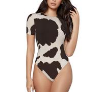 Bryptxztxt Women'S Short Sleeve Bodysuit - Cow Fur Print Ladies Crew Neck Casual Body Suits T-Shirts, Stretchy Slim Fit Leotard Top