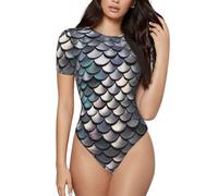 Bryptxztxt Women'S Short Sleeve Bodysuit - Silver Fish Scale Ladies Crew Neck Casual Body Suits T-Shirts, Stretchy Slim Fit Leotard Top