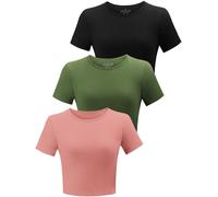 BryticFlow 3 Pack Workout Crop Tops for Women Cotton T-Shirts Short Sleeve Cropped Fitted Tops Basic Cute Tees Casual Crew Neck Summer Tshirts Yoga Gym Clothes Black/Croal/Army Green XL