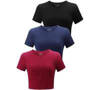 BryticFlow 3 Pack Workout Crop Tops for Women Cotton T-Shirts Short Sleeve Cropped Fitted Tops Basic Cute Tees Casual Crew Neck Summer Tshirts Yoga Gym Clothes Black/Navy/Burgundy XL
