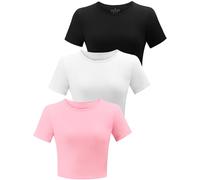 BryticFlow 3 Pack Workout Crop Tops for Women Cotton T-Shirts Short Sleeve Cropped Fitted Tops Basic Cute Tees Casual Crew Neck Summer Tshirts Yoga Gym Clothes Black/White/Pink L