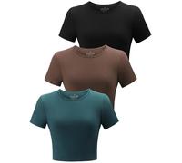 BryticFlow 3 Pack Workout Crop Tops for Women Cotton T-Shirts Short Sleeve Cropped Fitted Tops Basic Cute Tees Casual Crew Neck Summer Tshirts Yoga Gym Clothes Black/Coffee/Emerald Green L