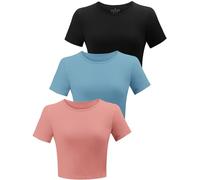 BryticFlow 3 Pack Workout Crop Tops for Women Cotton T-Shirts Short Sleeve Cropped Fitted Tops Basic Cute Tees Casual Crew Neck Summer Tshirts Yoga Gym Clothes Black/Blue/Croal M