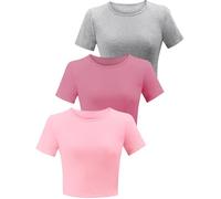 BryticFlow 3 Pack Workout Crop Tops for Women Cotton T-Shirts Short Sleeve Cropped Fitted Tops Basic Cute Tees Casual Crew Neck Summer Tshirts Yoga Gym Clothes Grey/Pink/Dusty Rose L