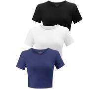 BryticFlow 3 Pack Workout Crop Tops for Women Cotton T-Shirts Short Sleeve Cropped Fitted Tops Basic Cute Tees Casual Crew Neck Summer Tshirts Yoga Gym Clothes Black/White/Navy L