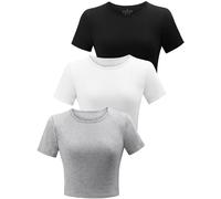 BryticFlow 3 Pack Workout Crop Tops for Women Cotton T-Shirts Short Sleeve Cropped Fitted Tops Basic Cute Tees Casual Crew Neck Summer Tshirts Yoga Gym Clothes Black/White/Grey L