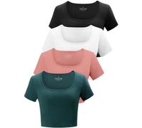 BryticFlow Square Neck Crop Tops for Women Workout Tops Trendy Going Out Tops Ladies Gym Summer Shirts 4 Pack Black/White/Coral Red/Dgreen L
