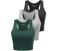 BryticFlow Women's Crop Vest Top 3 Pack Cotton Gym Tops for Yoga Running Shirts Racerback Sleeveless Workout Tank Cropped Ladies Tops Black/Grey/Emerald Green XL