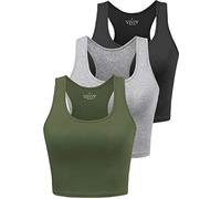 BryticFlow Women's Crop Vest Top 3 Pack Cotton Gym Tops for Yoga Running Shirts Racerback Sleeveless Workout Tank Cropped Ladies Tops Black/Grey/Army Green S