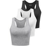 BryticFlow Women's Crop Vest Top 3 Pack Cotton Gym Tops for Yoga Running Shirts Racerback Sleeveless Workout Tank Cropped Ladies Tops Black/White/Grey L
