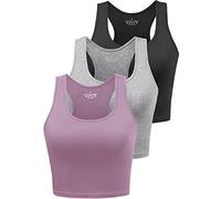 BryticFlow Women's Crop Vest Top 3 Pack Cotton Gym Tops for Yoga Running Shirts Racerback Sleeveless Workout Tank Cropped Ladies Tops Black/Grey/Purple L