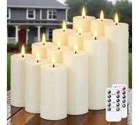 Bryxidor 12pcs Waterproof Fake Flickering Flameless Timer Function Candles, 5.5cm x 10, 12.5, 15, 17.5cm Remote Plastic LED Electric Ivory Outdoor Battery Pillar Bulk Candles