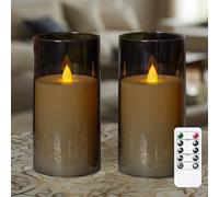 Bryxidor Acrylic Moving Wick Electric 7.5cm x15cm LED Pillar Timer and Remote Candles with Flickering, Pack of 2 Flameless Grey Battery Operated Fake Plastic Warm Light Candles