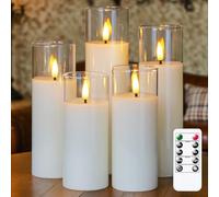 Bryxidor Clear Real Glass and Wax Flameless Remote LED Candles, Pack of 5 Timer Function Flickering Battery Operated Long Lasting 5cm x13 14 16 18 20cm Pillar for Home Decor