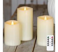 Bryxidor LED Real Wax Moving Wick Flickering Timer Function Candles, Remote Flameless Pillar Pack of 3 Electric Fake Battery Operated Ivory 7.5cm x 10, 12.5, 15cm