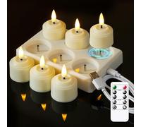 Bryxidor Rechargeable Tea Light 6pcs Timer Remote LED Candles with Charging Station, 4cm x 5.5cm Ivory Flameless Plastic Small Votive Flickering Fake Tealight Candles for Centerpiece Decor
