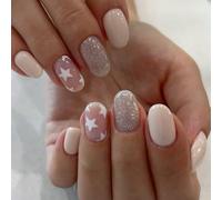 Bryxora 24 Nails Press on Nails Short Glitter Star Nude | This all-in-one manicure kit includes all needed application tools, for quick salon-style manicures at home.