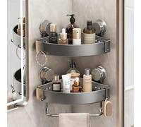 Bryzal 2 Pack Corner Shower Caddy Suction Cup, No Drilling Corner Shower Shelf with Towel Bar and Hooks, Bathroom Corner Shelves Suction Shower Organiser Rack for Bathrooms Storage (Grey)